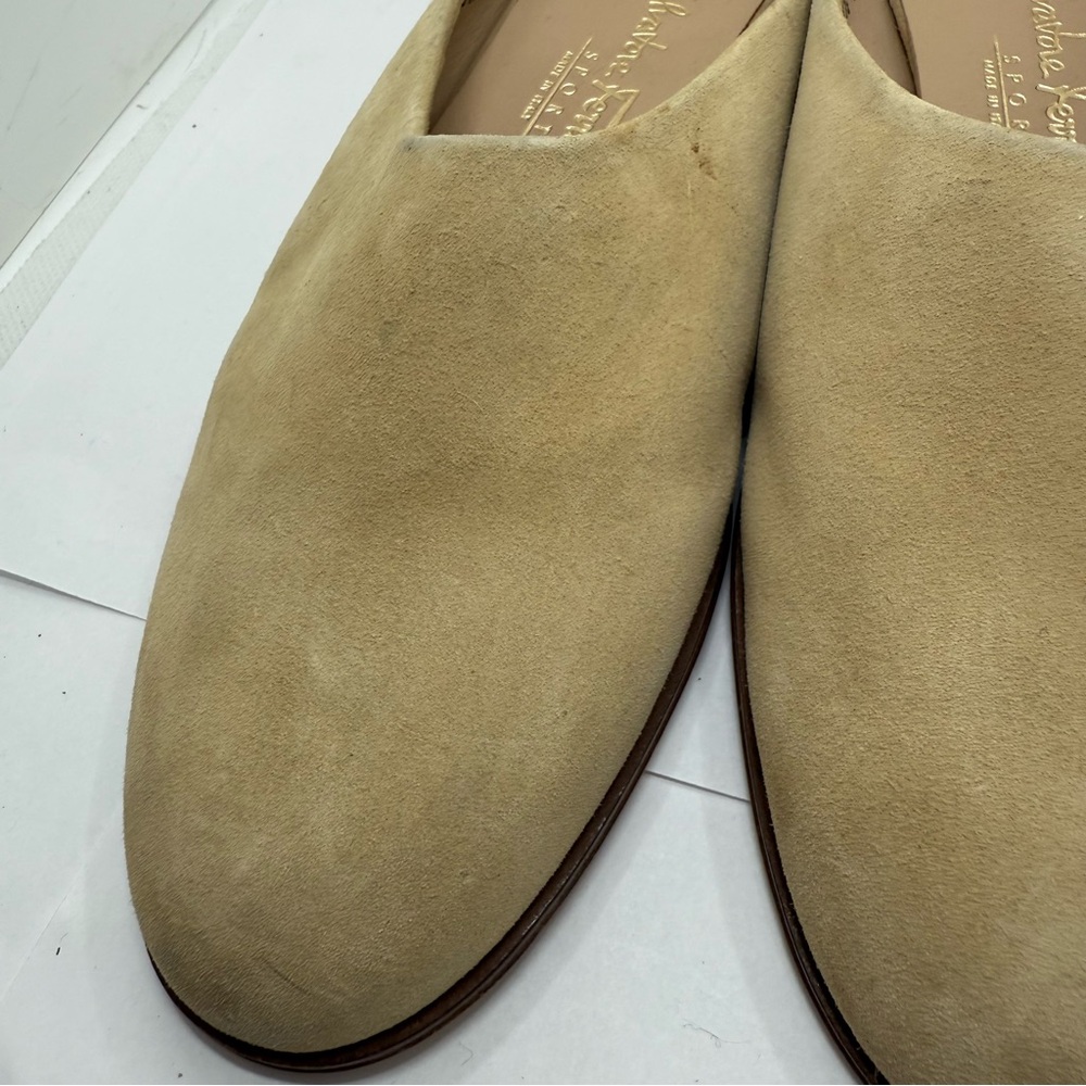 Salvatore Ferragamo Sport Khaki Light Tan Suede Mule Loafer Slip-On Flats - Picture 3 of 9